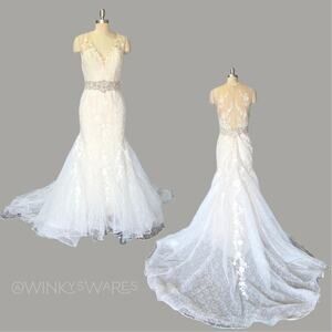 Vintage Wedding Dress Size S Mermaid Lace Embellished V Neck Y2K White Bridal